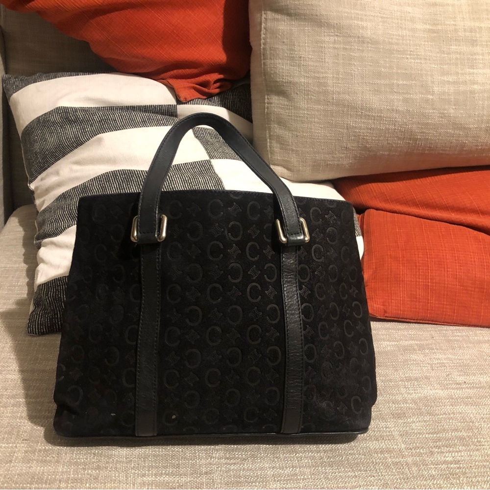 Vintage Celine monogram black mini tote bag, 10'W x 7'H x 3'D, suede, rare!